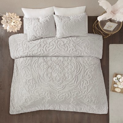 Vynxaria Tufted Cotton Chenille Medallion Comforter Set - Grey King/Cal King, Shabby Chic Style