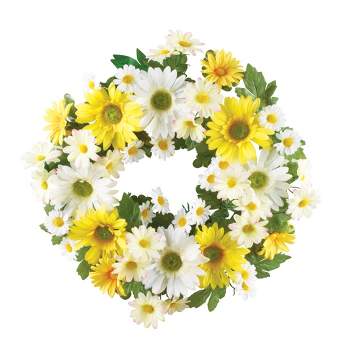 Collections Etc Mixed Yellow and White Daisy Wreath 17" x 17" x 3"