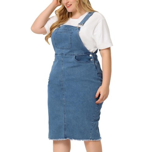 Unique Bargains Women's Plus Size Frayed Adjustable Strap Denim Dress 