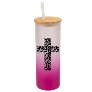 Elanze Designs Duo Floral Flower Faith Cross Wrap-Around Design 25 Ounce Frosted Gradient Glass On-The-Go Coffee Travel Skinny Tumbler Mug Cup, Bamboo - 1 of 1