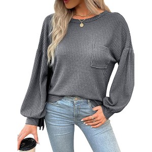 Women's Long Sleeve Knit Top Back Cutout Side Pocket Round Neck Casual Loose Sweater Tops - 1 of 3