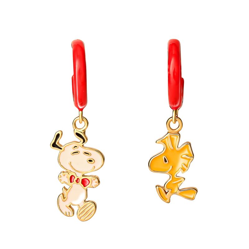 Peanuts Womens Gold Plated Sterling Silver and Enamel Woodstock and Snoopy Hoop Dangle Earrings, 1 of 7