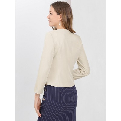 Allegra K Women's Work Office Zipper Decor Collarless Cropped Blazer Beige Medium — фото 5