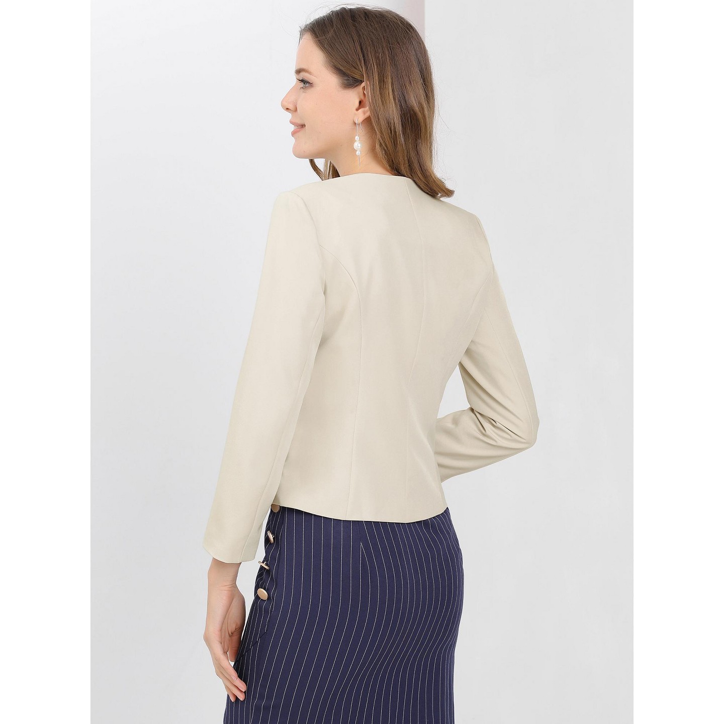 Женский пиджак Allegra K Work Office Zipper Decor Collarless Cropped Blazer Beige, цвет: Бежевый — фото 5