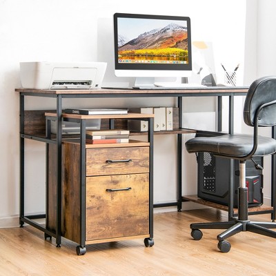 Rustic Brown 2-Drawer Mobile File Cabinet with Open Shelf