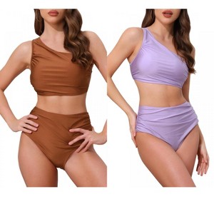 INSPIRE CHIC Women's One Shoulder Push Up Top High Waisted Tummy Control Bottom Swimwear Bikini Suits 2 Sets - 1 of 4