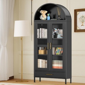 73" Tall Arched Metal Storage Cabinet with Glass Doors,Freestanding Pantry Cabinet with Adjustable Shelves, Bookshelf for Dining/Living Room - 1 of 4