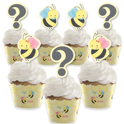 Big Dot of Happiness What Will it Bee - Cupcake Decoration - Gender Reveal Cupcake Wrappers and Treat Picks Kit - Set of 24