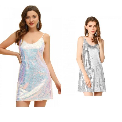 Allegra K Women's Glitter Sequin Spaghetti Strap V Neck Cocktail Sparkly Mini Dress 2 Packs