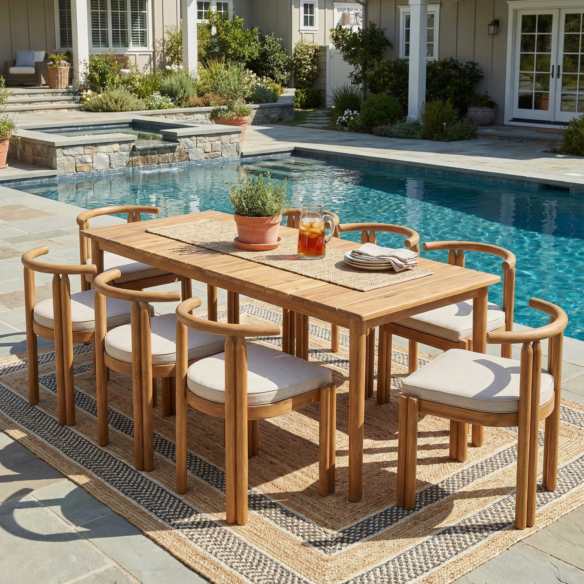Christopher Knight Home Eleni Rustic 9 Piece Patio Acacia Wood Dining Set with Slatted Tabletop and Cushions, Teak/Beige
