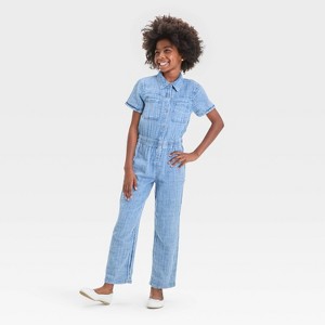 Girls' Short Sleeve Utility Jumpsuit - Cat & Jack™ Light Blue - 1 of 3