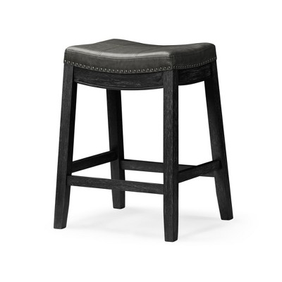 HomeRoots 26" Charcoal and Black Faux Leather and Solid Wood Backless Counter Height Bar Chair