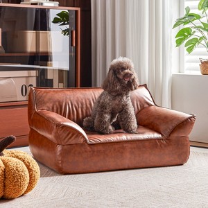 ATJafurn 31.5" Mid-Century Modern Leather Dog Sofa Bed, Brown Pet Couch for Small Dogs and Large Cats for Under 50 lbs - 1 of 4