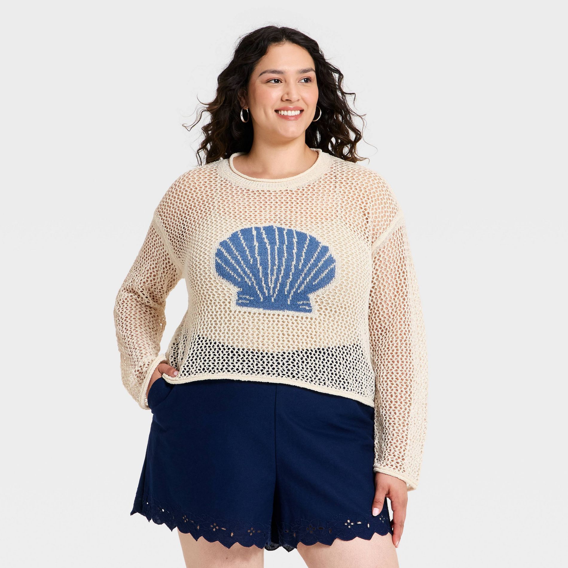 Women's Open Work Shell Pullover Sweater - A New Day™ Cream/Blue 3X