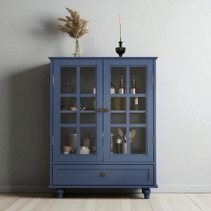 Buffet Sideboard Cabinet with Glass Doors and Drawer, Solid Wood Legs, Tempered Glass, Adjustable Shelves, Vintage Bronze Handles for Kitchen - 1 of 4