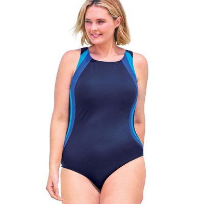 Swim 365 Women's Plus Size Colorblock One-Piece Swimsuit With Shelf Bra