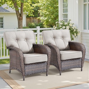 Buenhomino High Back Patio Chairs Set of 2 - Brown Wicker Chairs Outdoor Seating, Armrests Rattan Outdoor Club Chairs with 5" Removable Cushion - 1 of 4