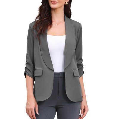 INSPIRE CHIC Women's Work Shawl Collar Ruched 3/4 Sleeves Open Front with Pockets Blazer