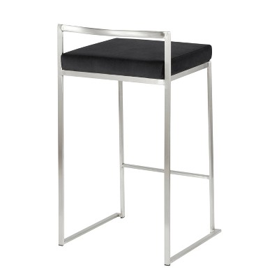 Fuji Brushed Stainless Steel Stackable Counter Stools with Black Velvet Cushion, Set of 2