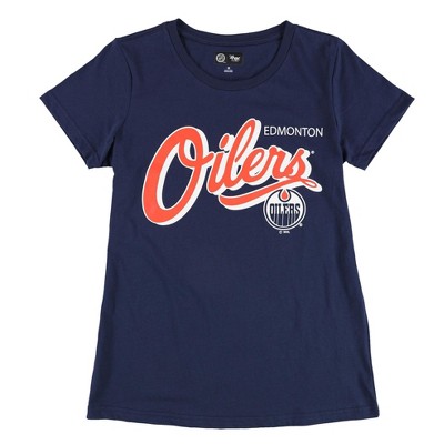 G-III Sports Womens Edmonton Oilers Logo Graphic T-Shirt, Blue, Medium