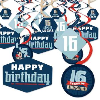 Big Dot of Happiness Boy 16th Birthday - Sweet Sixteen Birthday Party Hanging Decor - Party Decoration Swirls - Set of 40