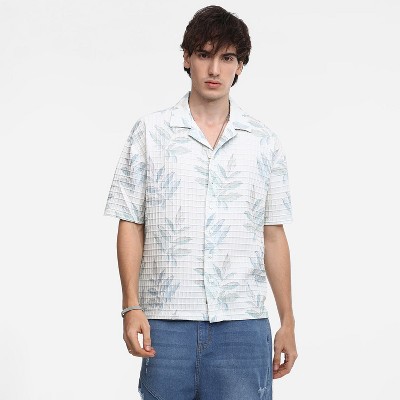 Campus Sutra Men Men's Ivory White Faded Foliage Oversized Shirt