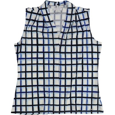 Calvin Klein Womens Box Print Sleeveless Blouse Top, Blue, Large