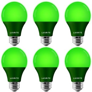 Luxrite A19 LED Green Bulb, 60W Equivalent, Non-Dimmable, UL Listed, Indoor Outdoor, Porch, Christmas, Decoration, E26 Standard Base 6 Pack - 1 of 4