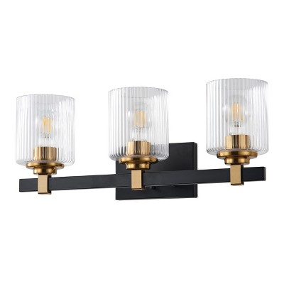 Dewdrop 3-Light Bathroom Vanity Light, Modern Black and Gold Wall Sconce with Ribbed Clear Glass Shades