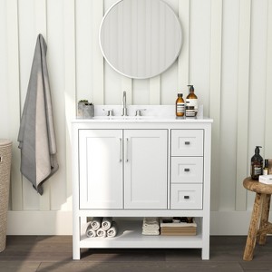Merrick Lane Bathroom Vanity with Ceramic Sink, Carrara Marble Finish Countertop, Storage Cabinet with Soft Close Doors, Open Shelf and 3 Drawers - 1 of 4
