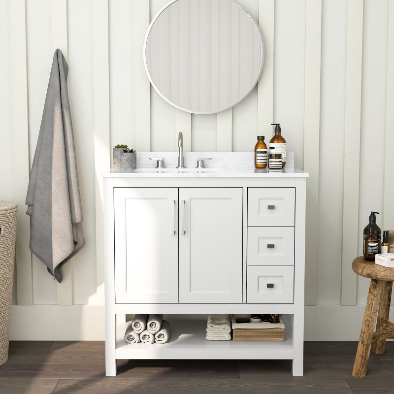 Merrick Lane Bathroom Vanity with Ceramic Sink, Carrara Marble Finish Countertop, Storage Cabinet with Soft Close Doors, Open Shelf and 3 Drawers, 2 of 13