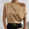 Women's One-Shoulder Blouse, Satin Drape Sleeve Top, Casual Loose-Fit Asymmetrical Neck Shirt - 3 of 4