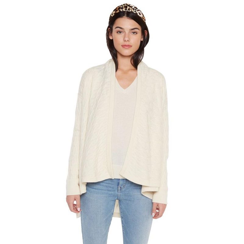 JENNIE LIU Women's 100% Pure Cashmere 4-ply Cable-knit Drape-front Open Cardigan Sweater, 1 of 4