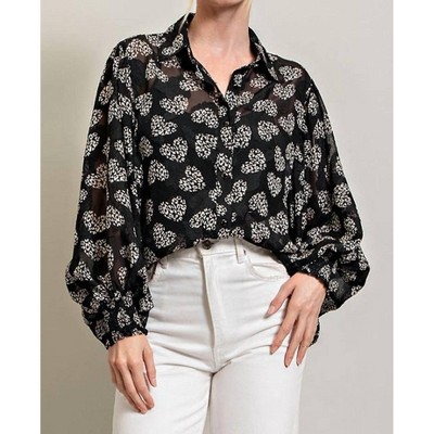 Women's Leopard Heart Printed Button Down Top - ee:some