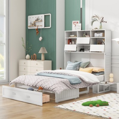 YOOCOZZ Queen Size Murphy Bed with Bookcase, Large Bottom Drawer and Bedside Shelves - White
