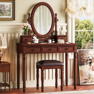 TOBILI Vanity Desk with Adjustable Angle Mirror, Vintage Vanity Makeup Table and Cushioned Stool Set Lining 5 Drawers,Walnut - 1 of 4