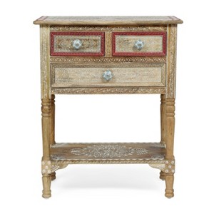 Sids Handcrafted Boho 3 Drawer Mango Wood End Table Natural - Christopher Knight Home - 1 of 4