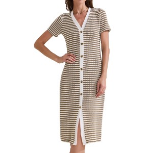 INSPIRE CHIC Women's Button Down V-Neck Short Sleeve Striped Ribbed Knit Midi Dresses - 1 of 4