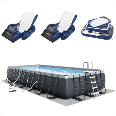 Intex 26363EH Ultra XTR 24ft x 12ft x 52in Outdoor Above Ground Rectangular Swimming Pool Set with 2 Lounge Pool Recliner Floats & 72 Can Cooler Float