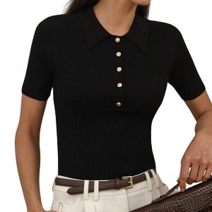 Womens Collar Neck Button Rib Knit Slim Fit Short Sleeve Top - 1 of 4