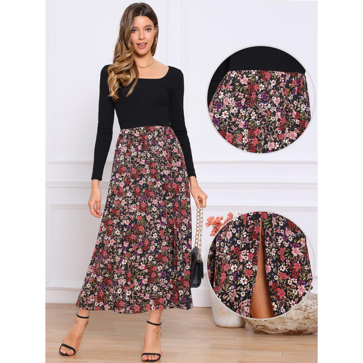 Женские платья INSPIRE CHIC Women's Maxi Swing Hem Square Neck Vintage Patchwork Party Dress Large Black Red — фото 2