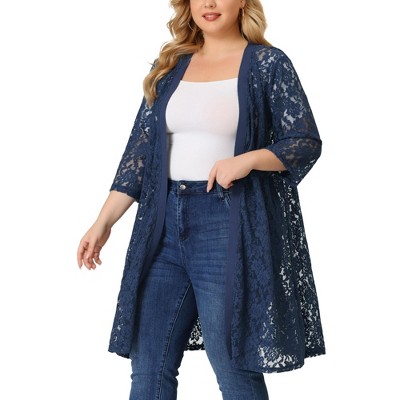 Agnes Orinda Women's Plus Size Lace Open Front 3/4 Sleeve Long Cardigans  Navy 4X