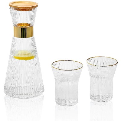 Slickblue Stylish Hand-Blown Clear/Grey Glass Carafe Set with Bamboo Lid, 34 oz Carafe and 2 Glasses