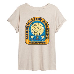 Women's - Peanuts - Woodstock Beagle Scouts Marshmallow Roasting Oversized Graphic T-Shirt - 1 of 4