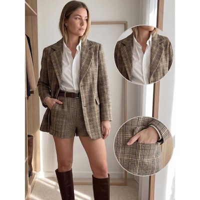 Женские куртки INSPIRE CHIC Women's Plaid Notched Lapel Single Breasted Regular Fit Long Sleeve Business Work Suit Jackets Large Brown — фото 2