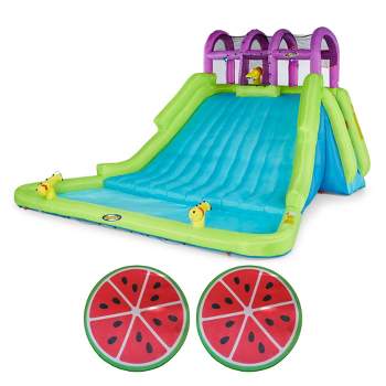 Kahuna Mega Blast Inflatable Backyard Kids Pool and Slide Water Park and Comfy Floats No Inflate Memory Foam Sun Disc Pool Float, Watermelon (2 Pack)