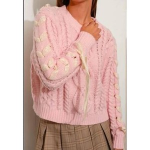 Women's Chic Lace Up Cable Knit Sweater - Pretty Garbage - 1 of 2