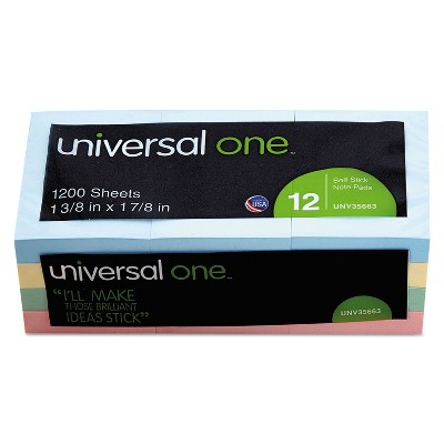 UNIVERSAL Self-Stick Notes 1-1/2 x 2 Assorted Pastel Colors 100-Sheet 12/Pack 35663