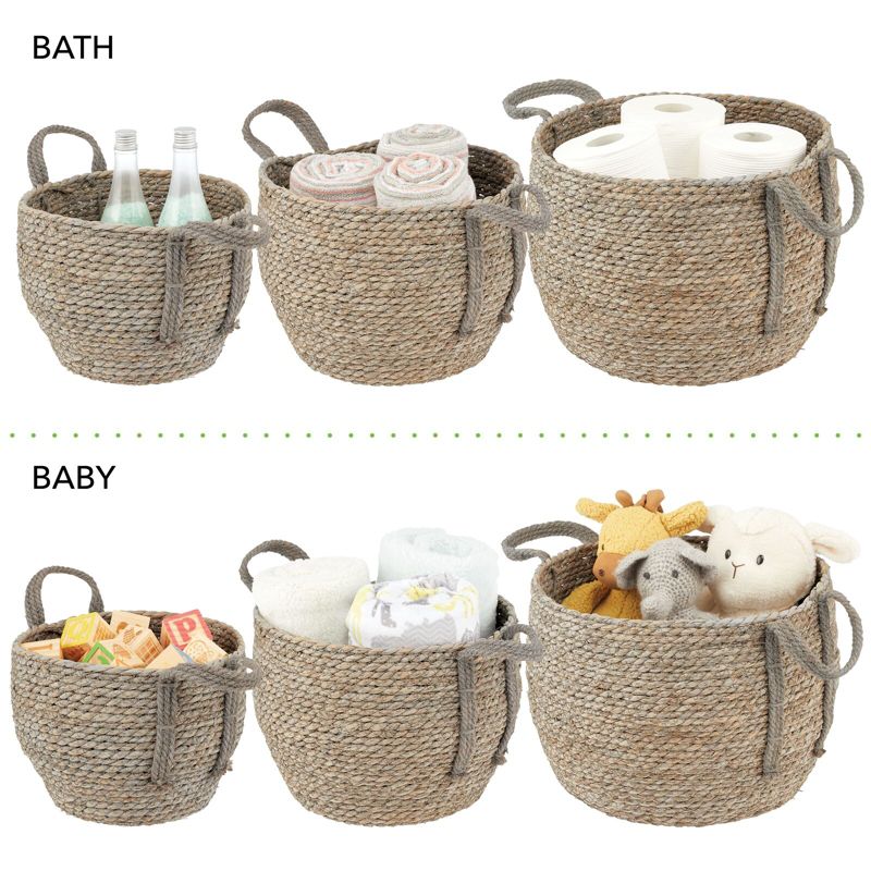 mDesign Round Seagrass Woven Storage Basket with Handles - Set of 3, 4 of 9