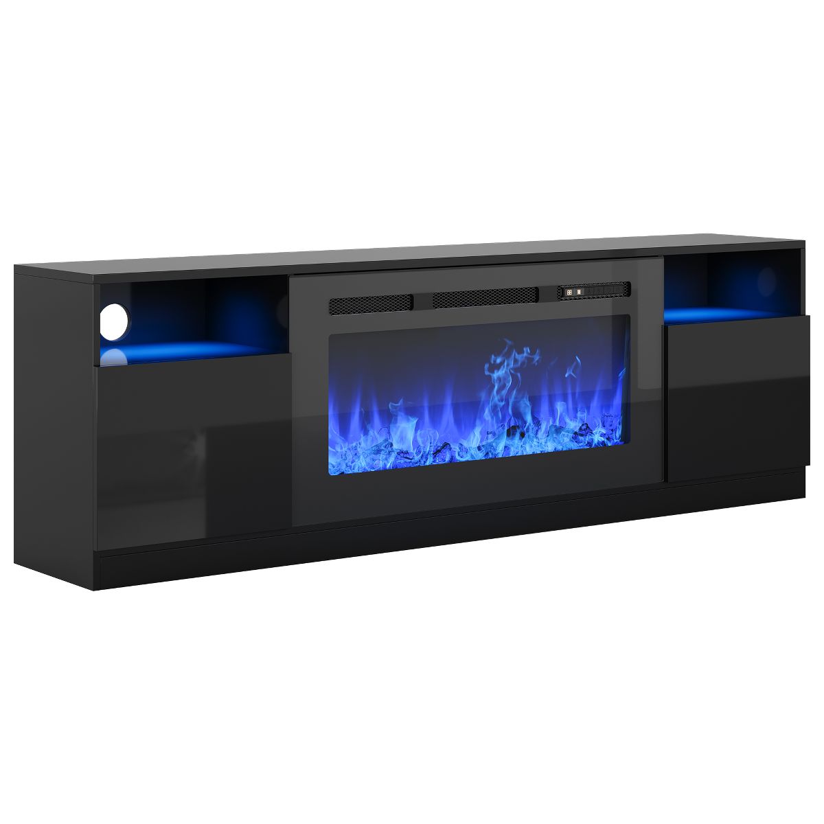 Modern 70" Electric Fireplace TV Stand, 36" Heater, 12 LED Flames, 2‑Tier Entertainment Center, Fits 80" TV, Black Glossy Media Console with Storage